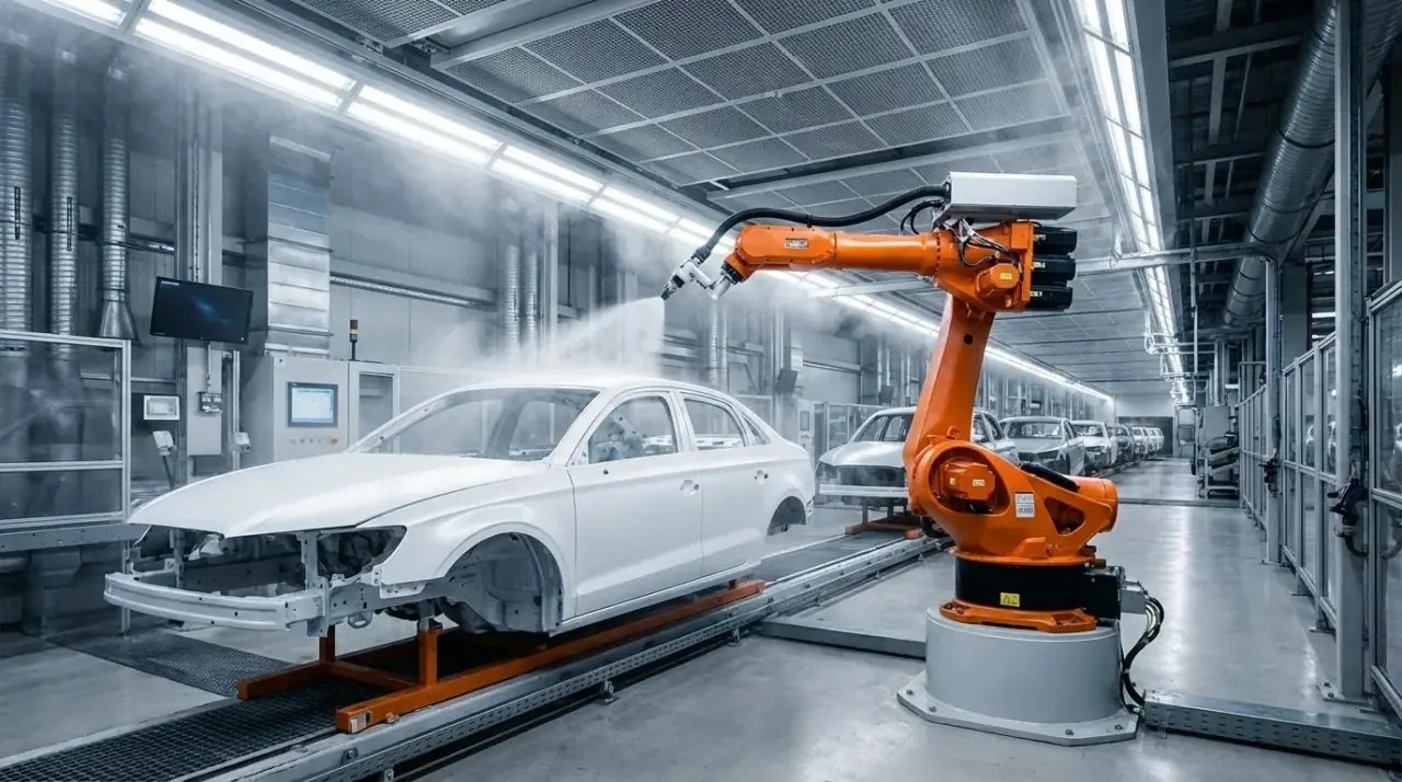 Robotic paint line coating a car body in an automotive plant