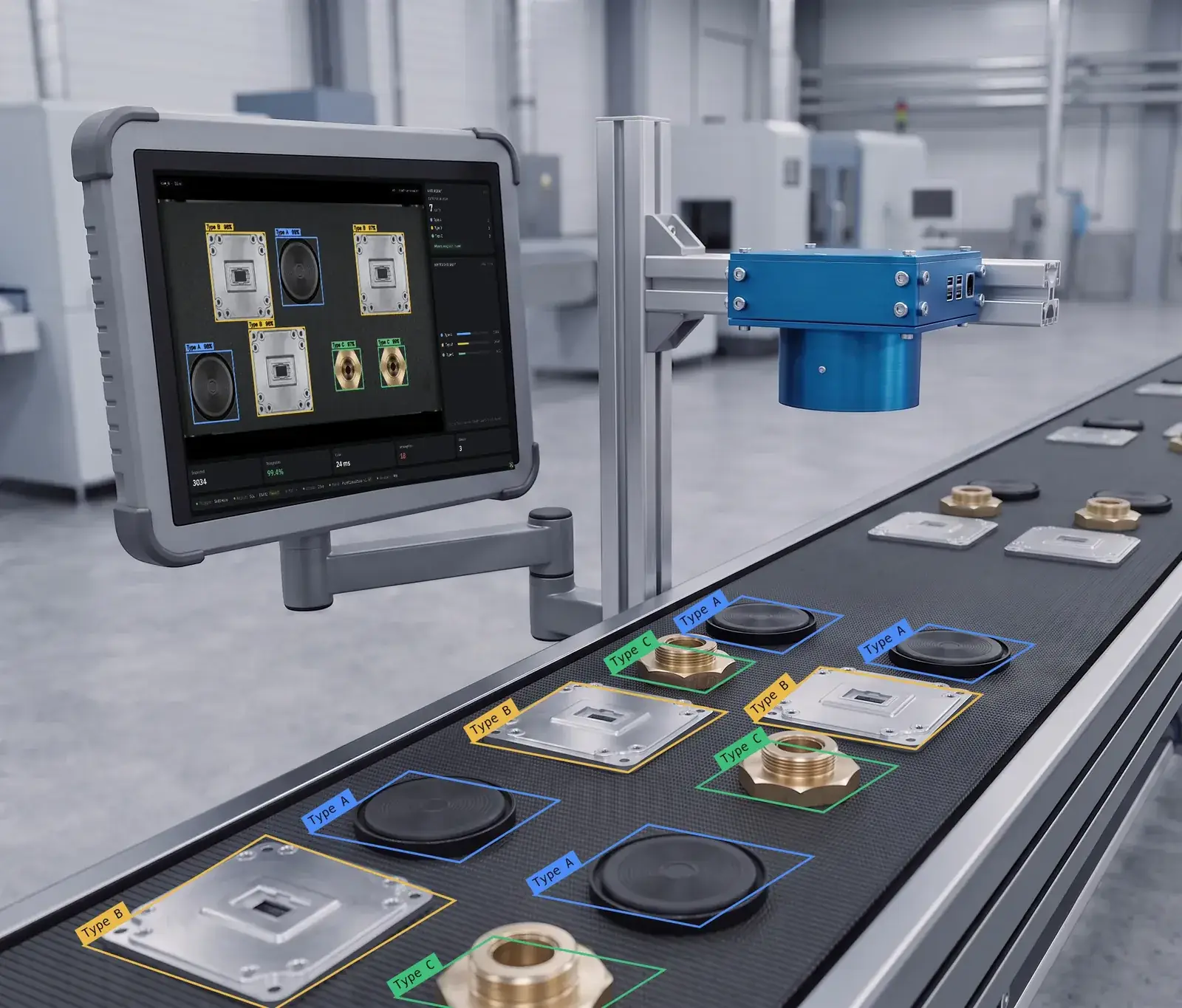 Machine vision camera inspecting parts on an automated production line